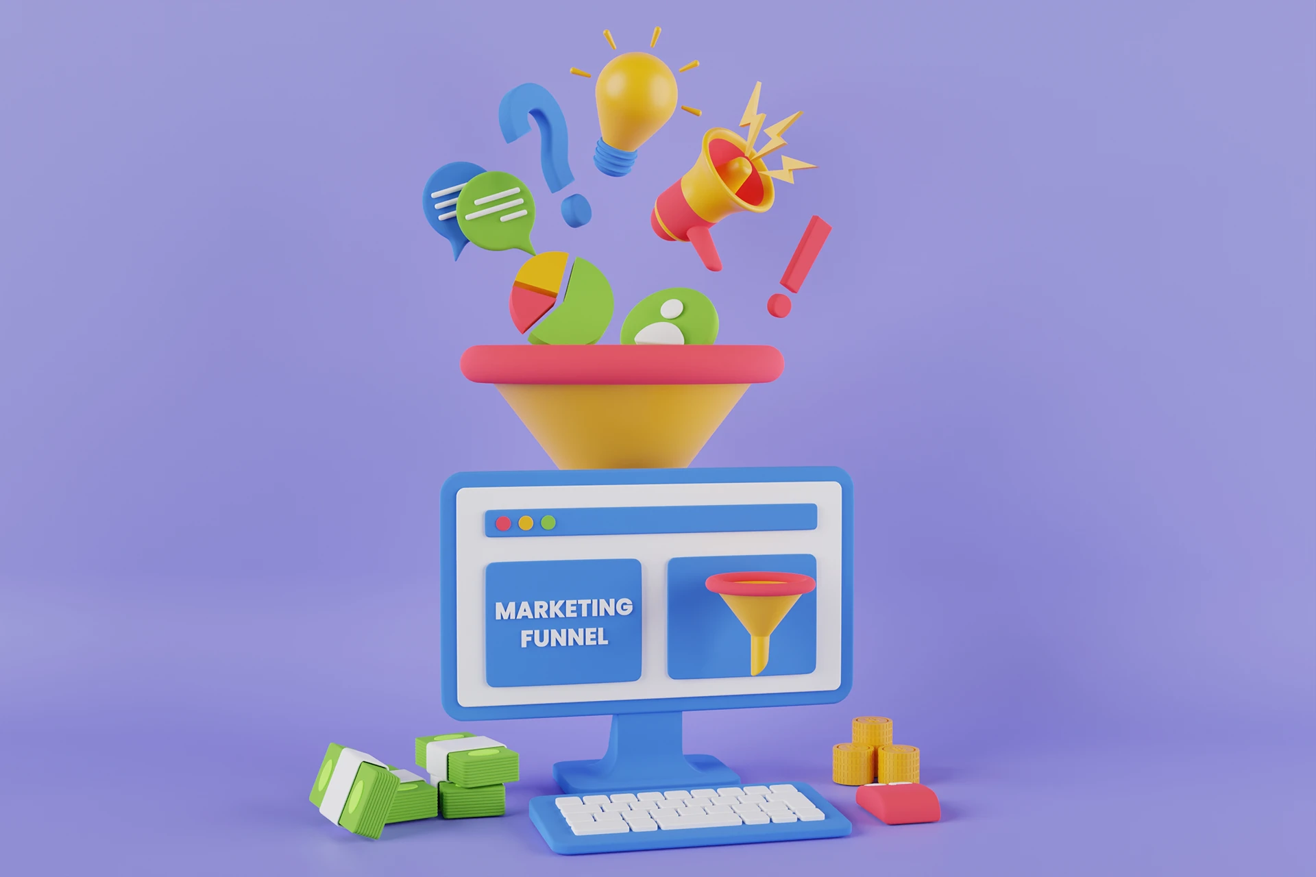 A 3d style illustration of a marketing conversion funnel